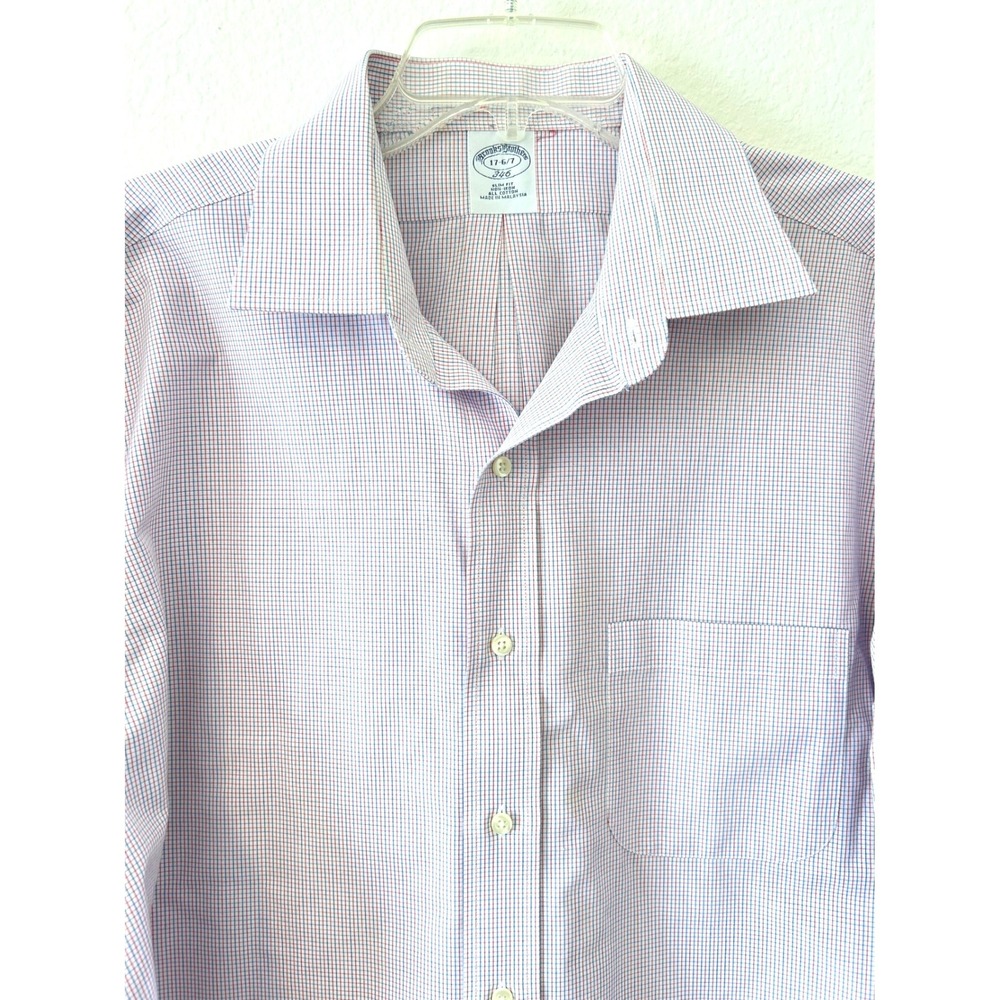 Brooks Brothers 346 Long Sleeve Button Down Dress Shirt Red Blue Check SZ 17-6/7